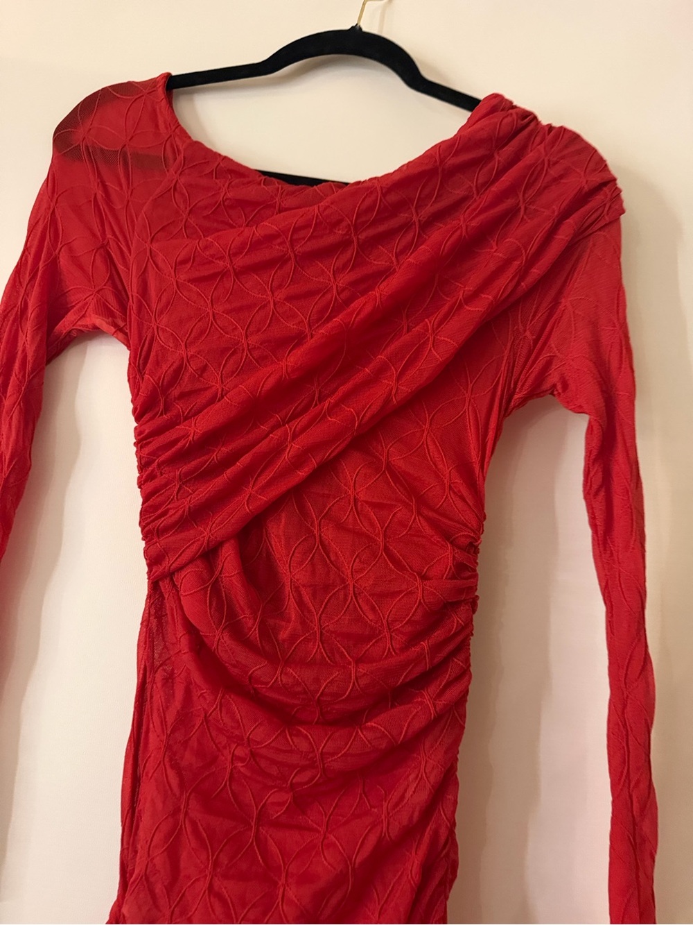Asymmetrical Red Ruched Long Sleeve Maxi Dress - Picture 5 of 8